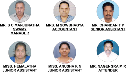 MR. S C MANJUNATHA SWAMY MANAGER MRS. M SOWBHAGYA ACCOUNTANT MR. CHANDAN T P SENIOR ASSISTANT MISS. ANUSHA K N JUNIOR ASSISTANT MISS. HEMALATHA JUNIOR ASSISTANT MR. NAGENGRA M R ATTENDER
